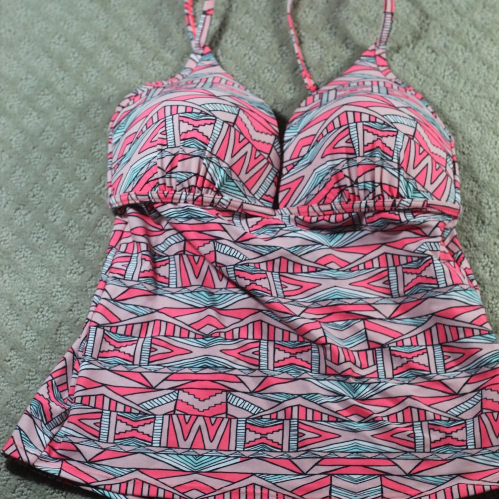 O'rageous Size L Abstract Peach Grey Lace Up Back Tankini Swim Top